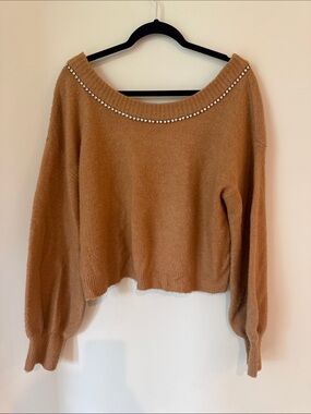Express Studded-Trim Off-the-Shoulder Camel Sweater